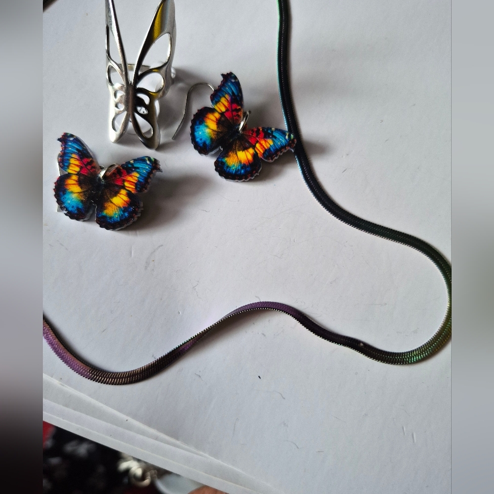 Colorful Butterfly Jewelry Set Herringbone Rainbow Chain Butterfly Ring